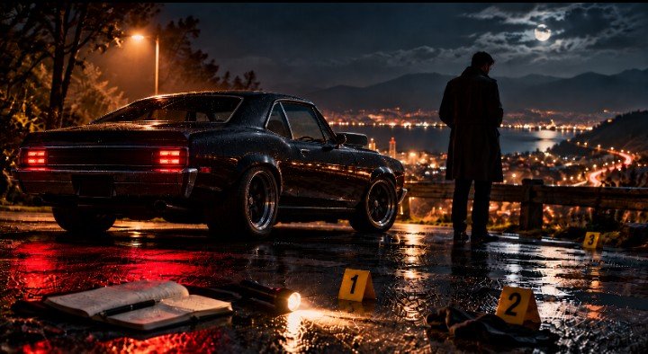 Modified classic muscle car at a nighttime mystery investigation scene