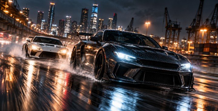 Fictionalized modified cars racing on a wet city street at night