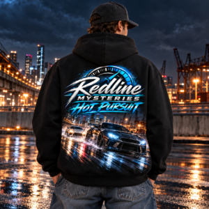 Redline Mysteries Gildan G186 black zip-up hoodie with automotive mystery artwork on the back
